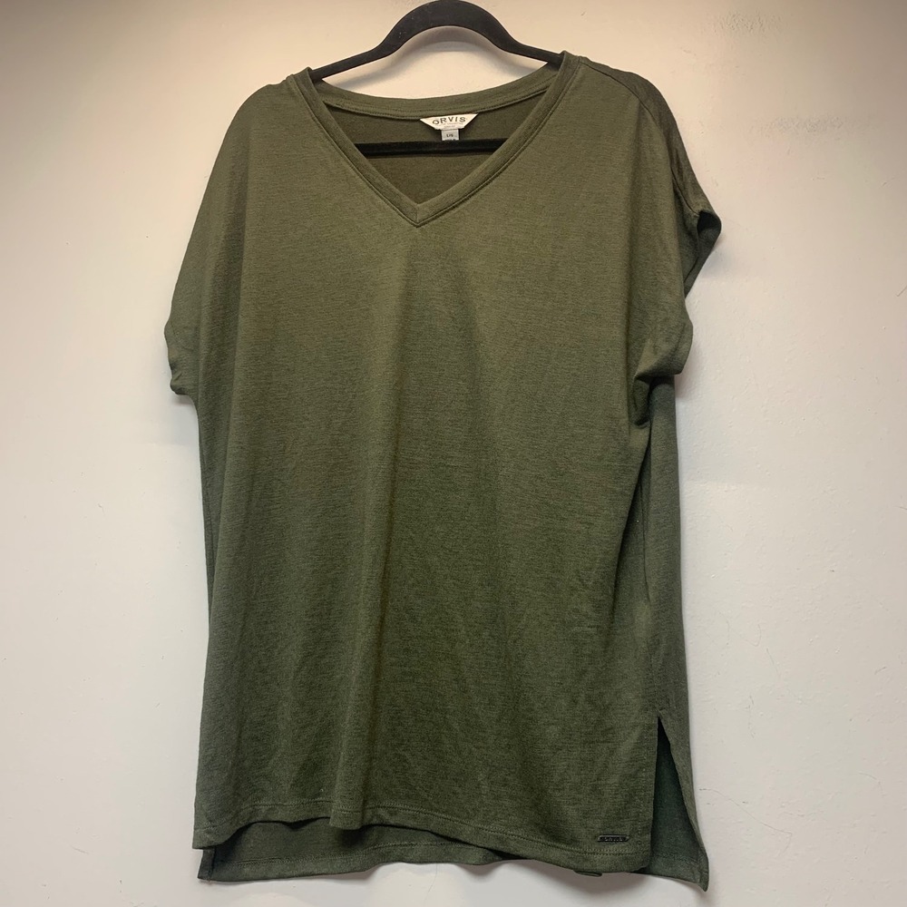 Orvis V-Neck Top Women Large Olive Green Excellent Short Sleeve Side Slits 9818